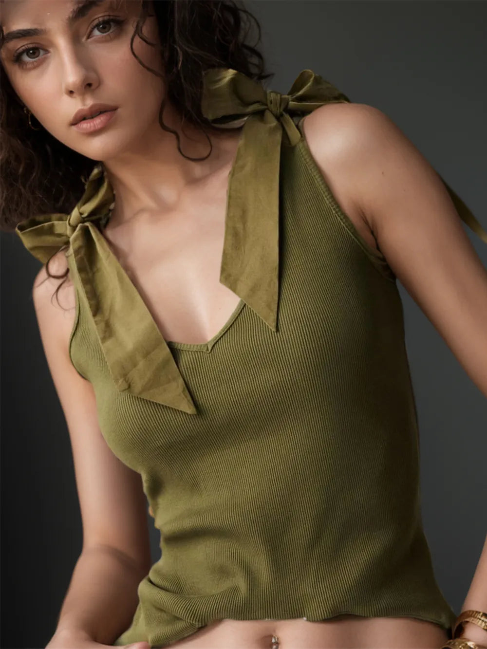 V-Neck Tie Shoulder Tank - cas7m