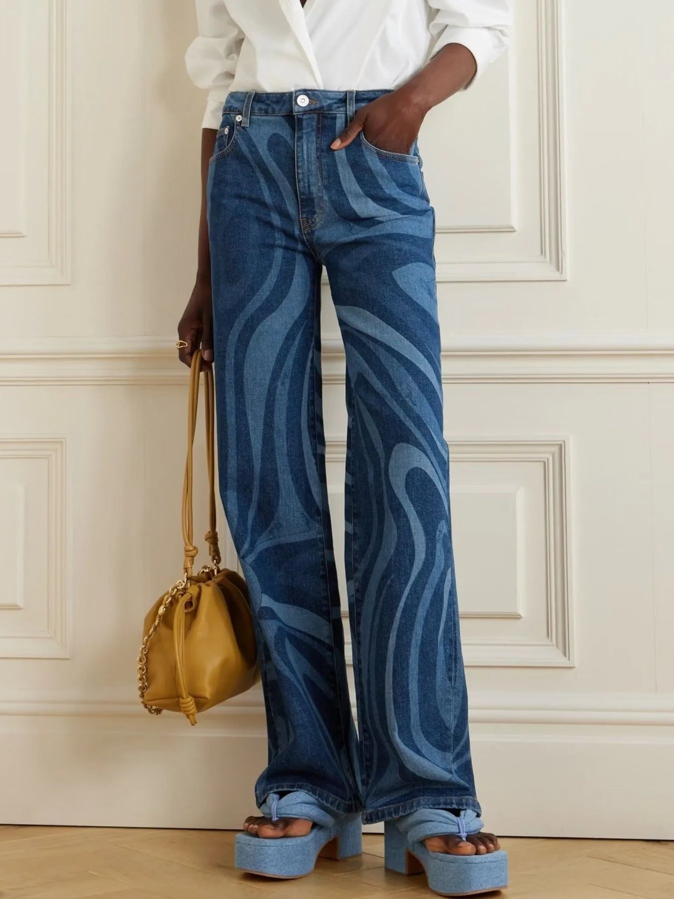 Water Ripples Print Wide Leg Jeans - cas7m