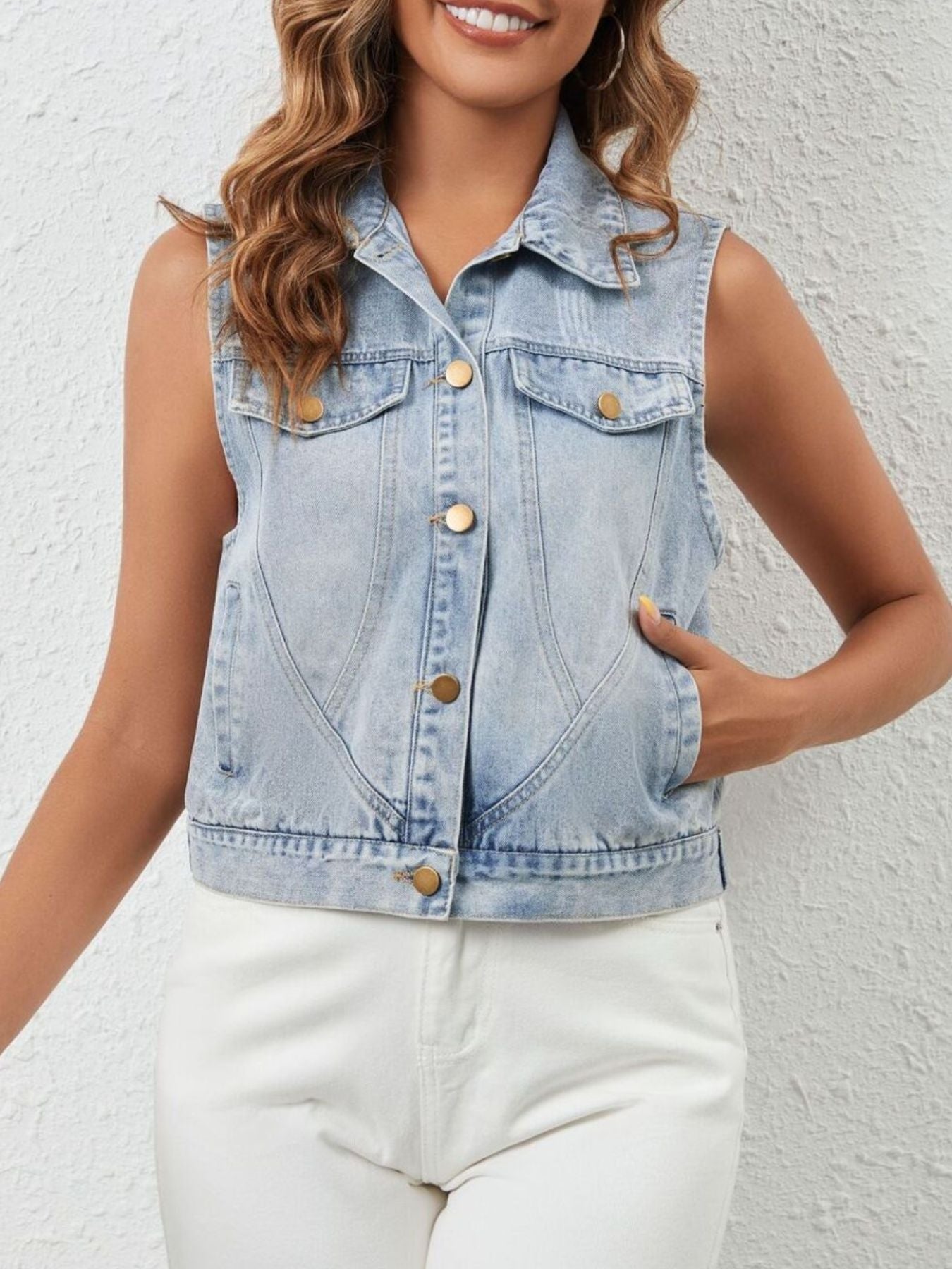 Sleeveless Button Up Denim Jacket - cas7m