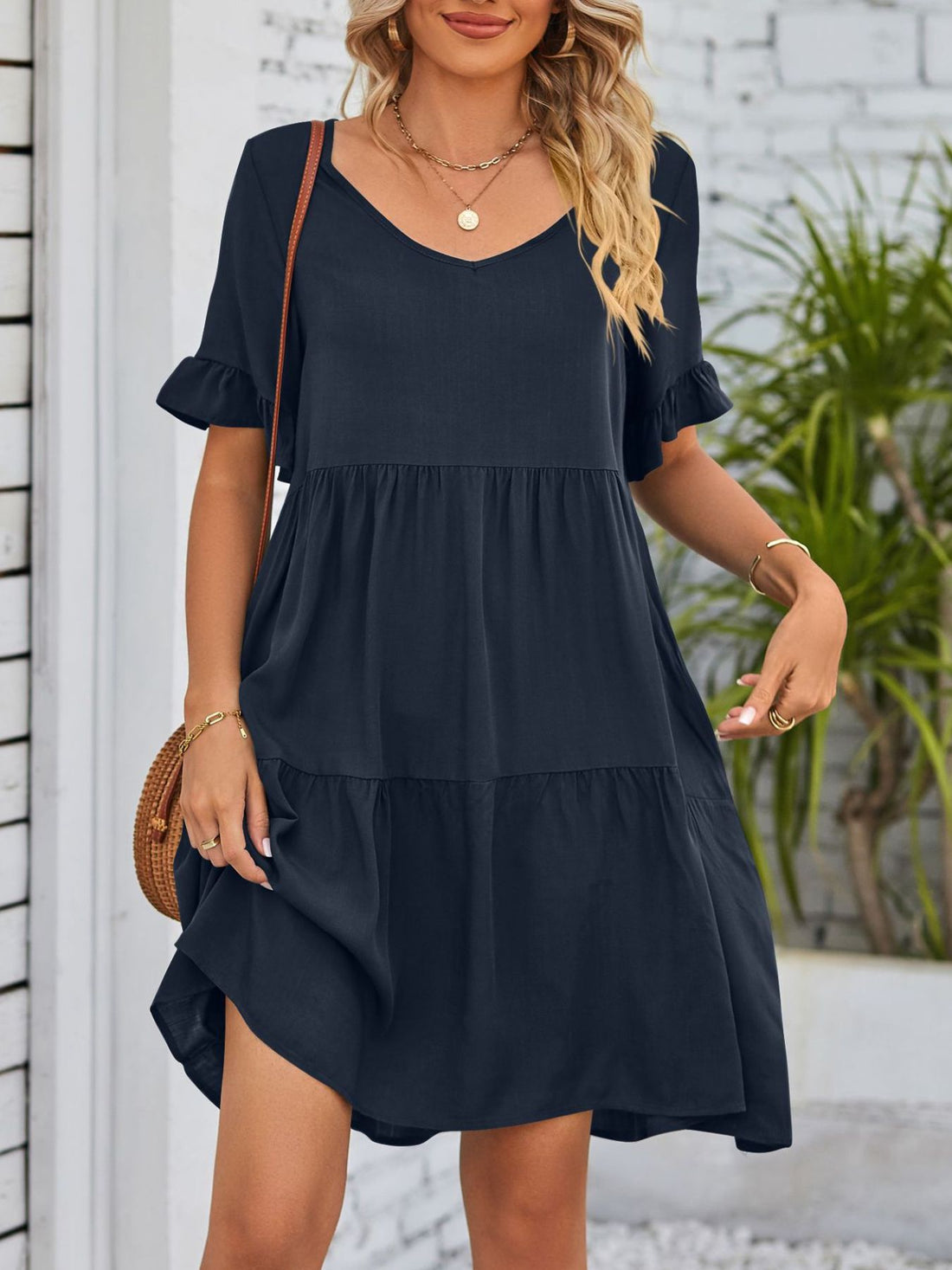 Ruffled Sleeve Tiered Mini Dress - cas7m