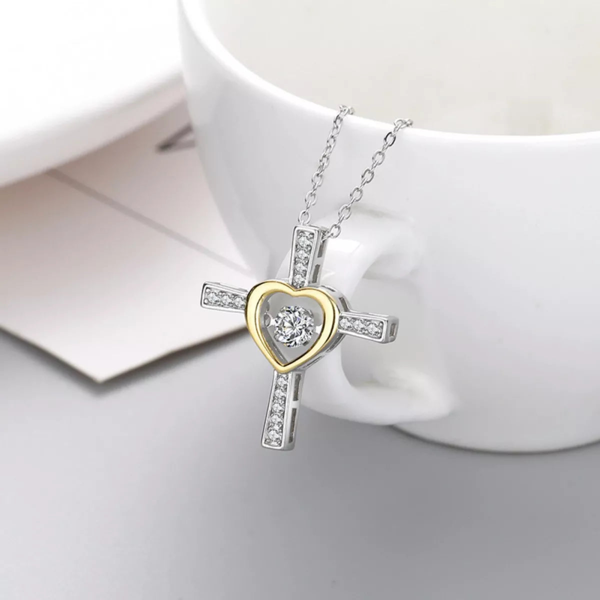 925 Sterling Silver Heart Cross Necklace - cas7m