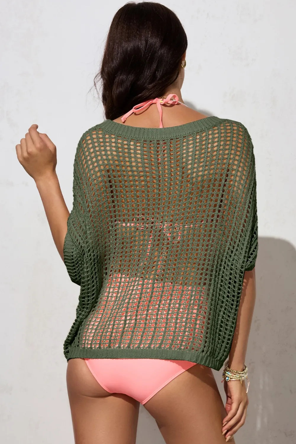 Openwork Round Neck Half Sleeve Knit Cover Up - cas7m
