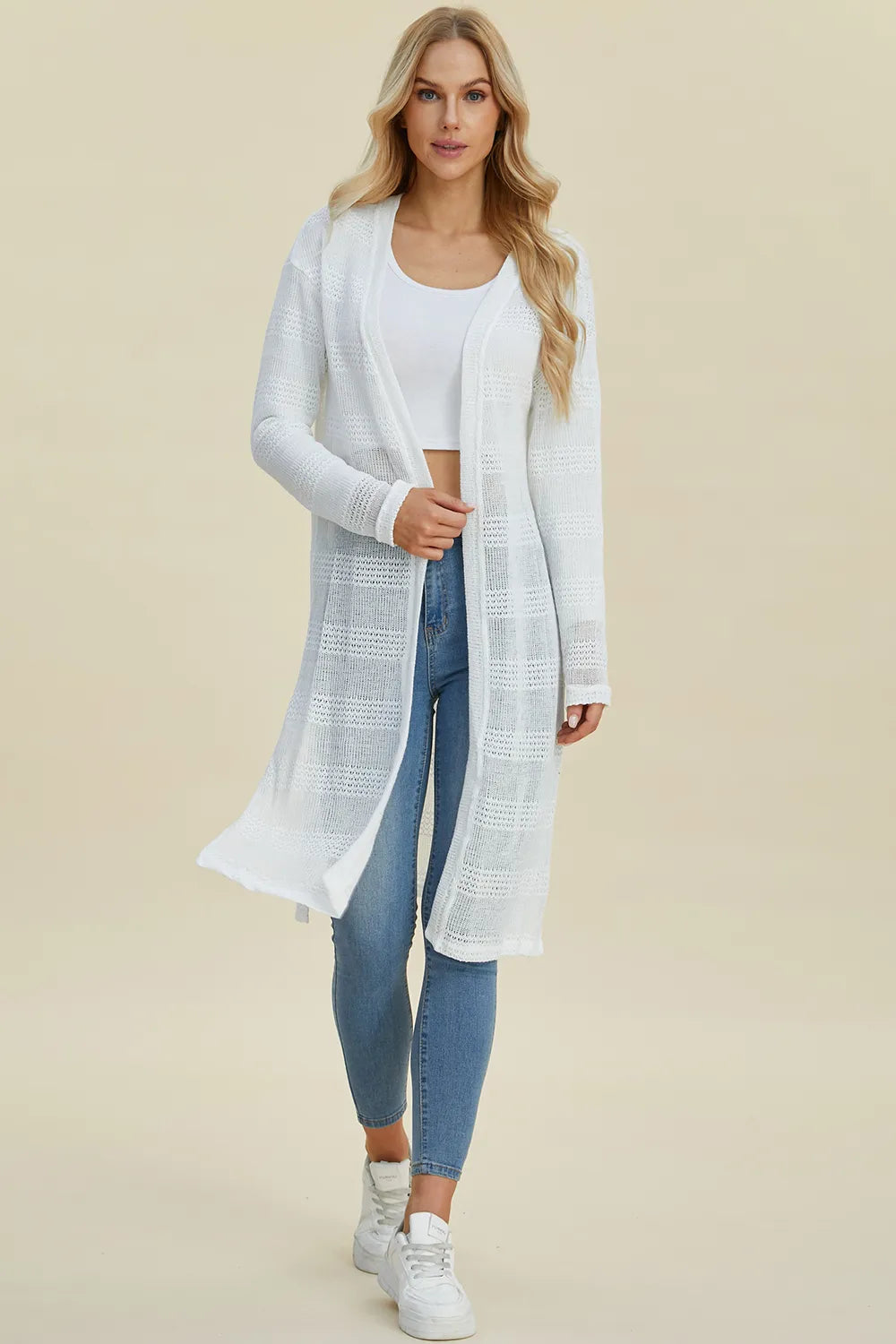 Double Take Full Size Open Front Longline Cardigan - cas7m
