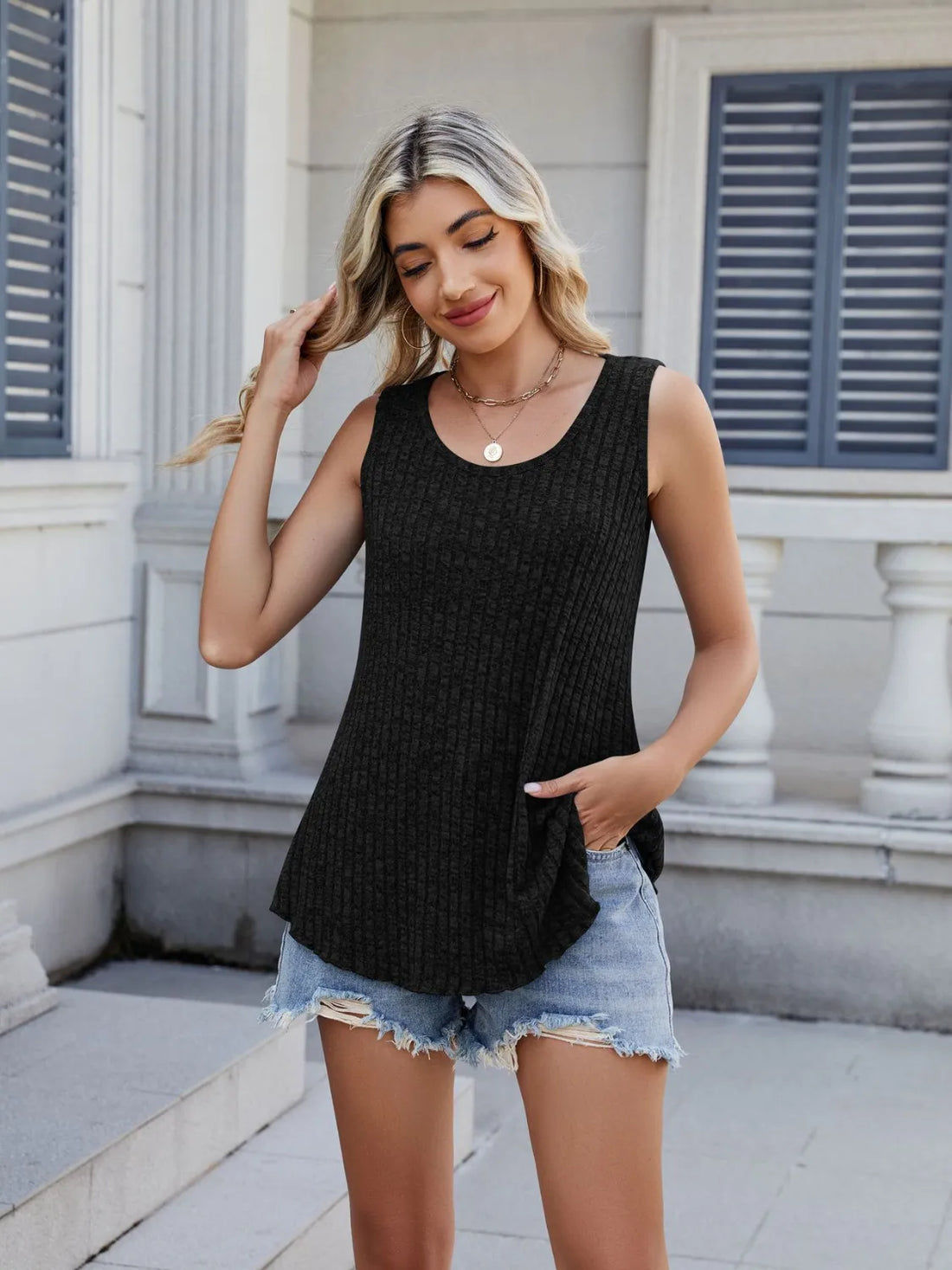 Ribbed Round Neck Tank - cas7m