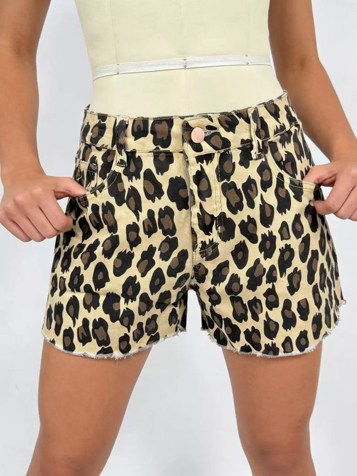 Leopard Print High-Waisted Denim Shorts - cas7m