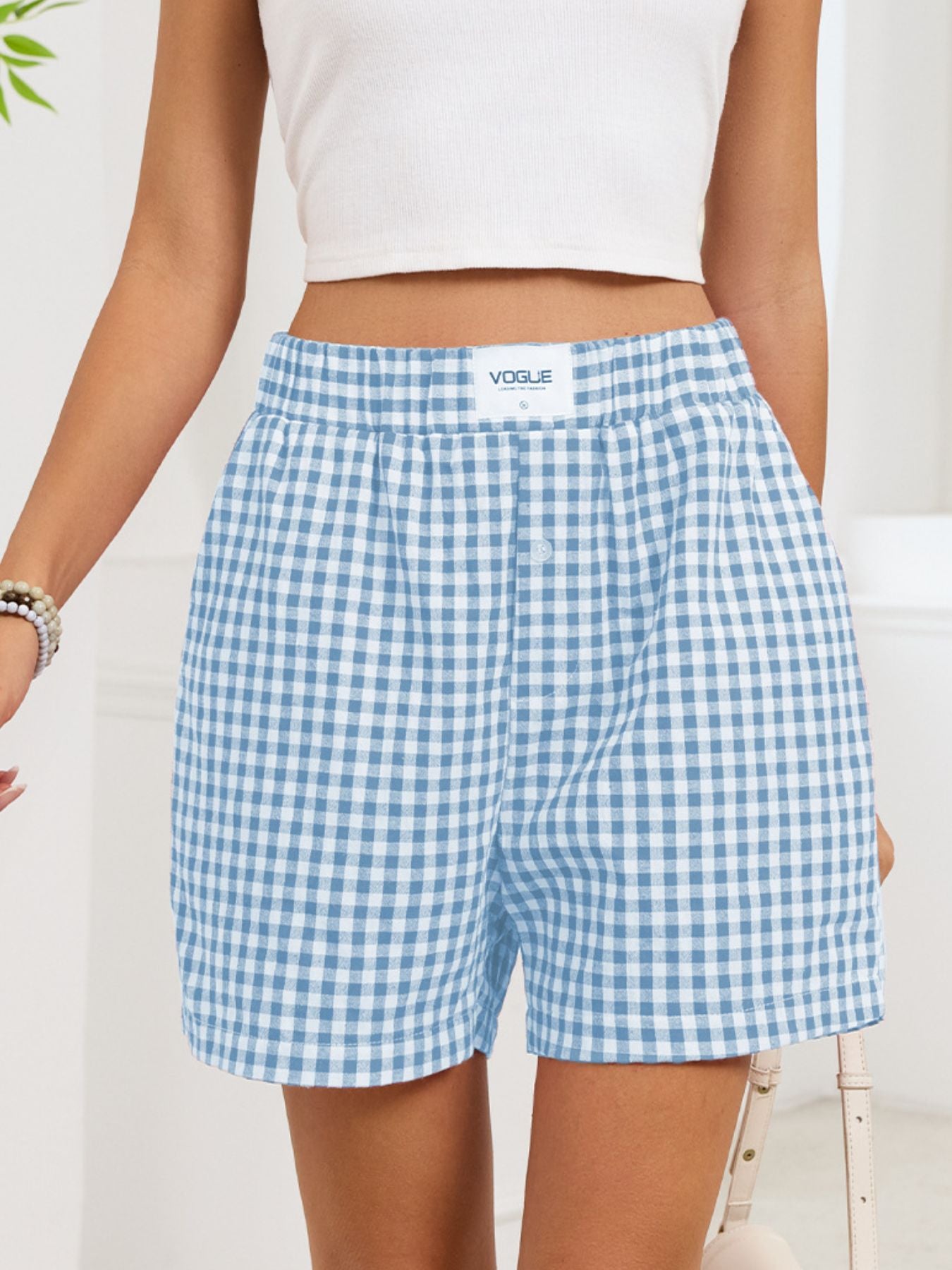 Gingham Elastic Waist Casual Shorts - cas7m