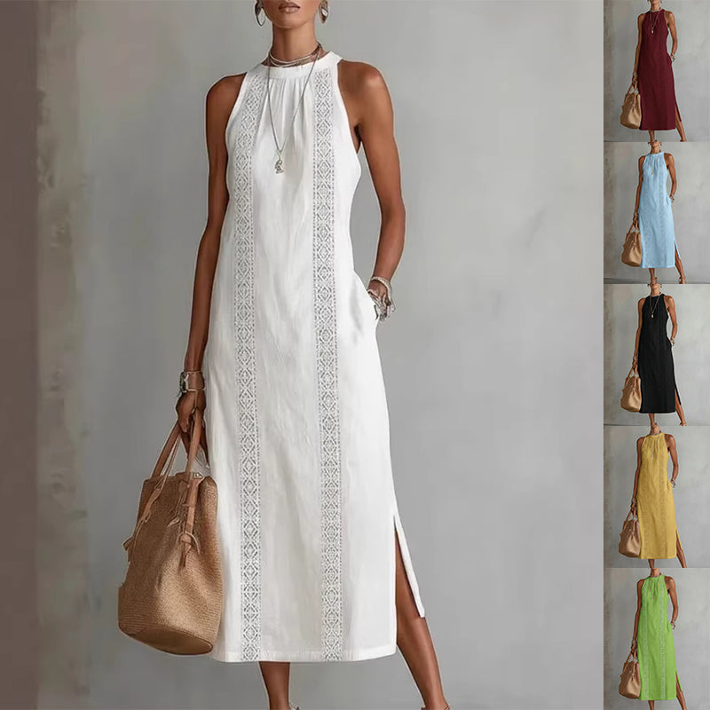 Women's Halter Neck Sleeveless Dress Lace Patchwork Holiday Style Summer Top - cas7m