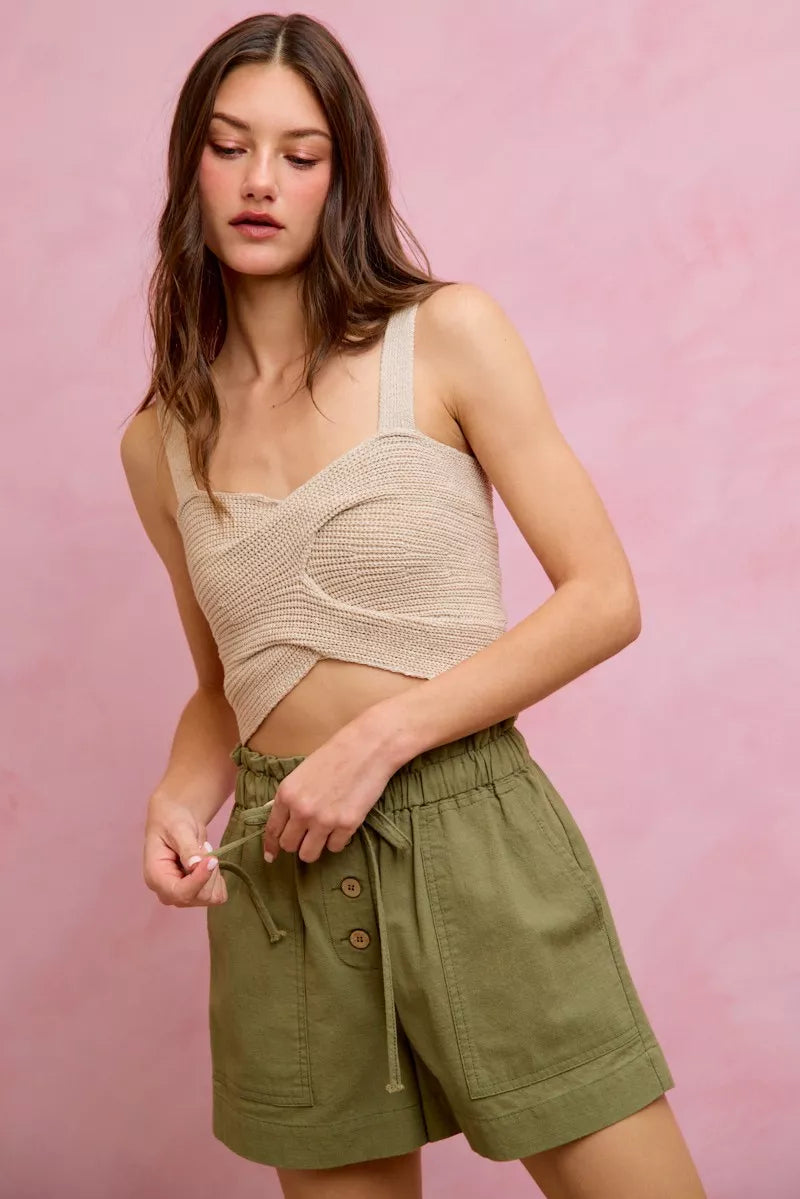 SO ME Paper Bag Patch Pocket Drawstring Twill Shorts - cas7m