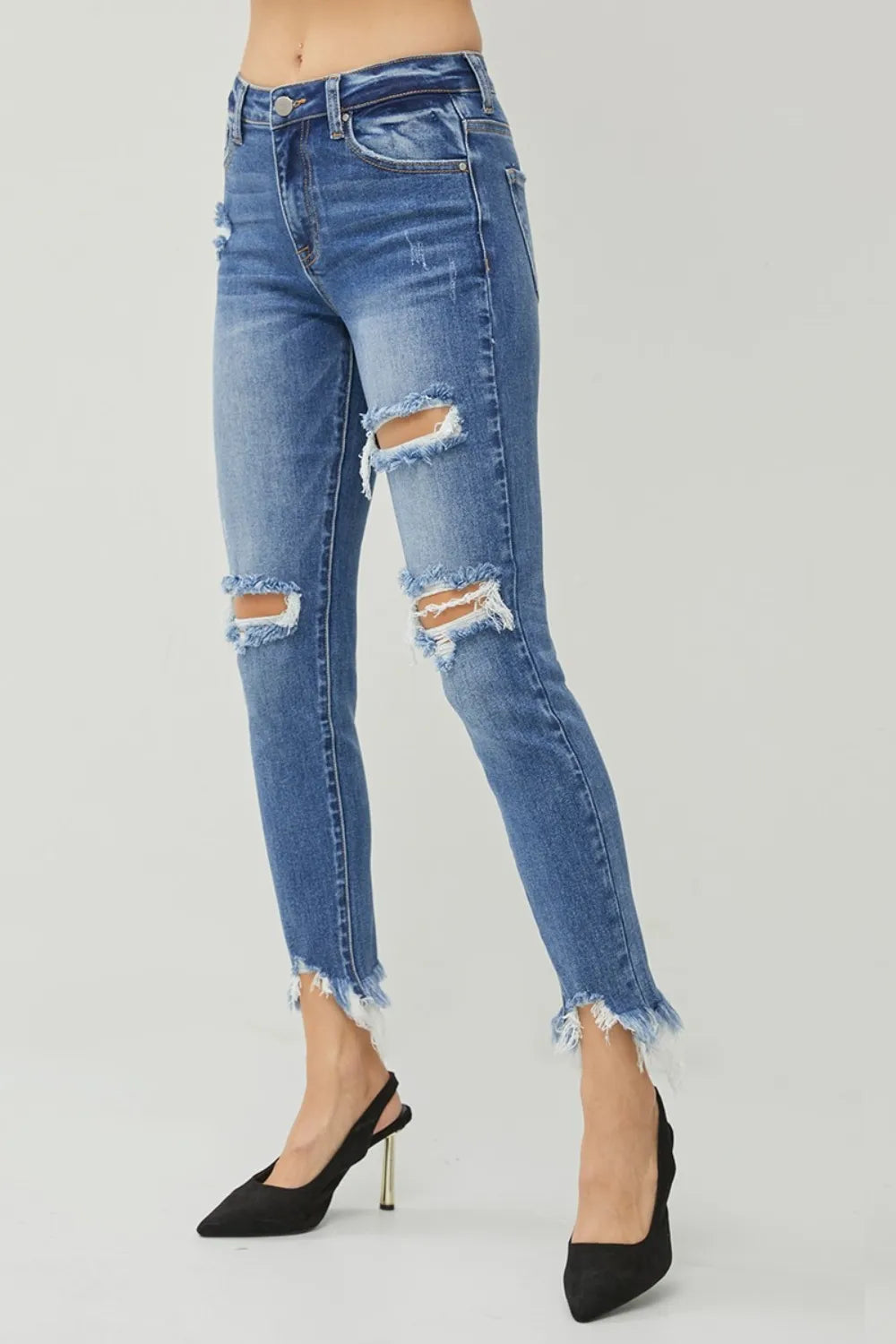 RISEN Distressed Frayed Hem Slim Jeans - cas7m