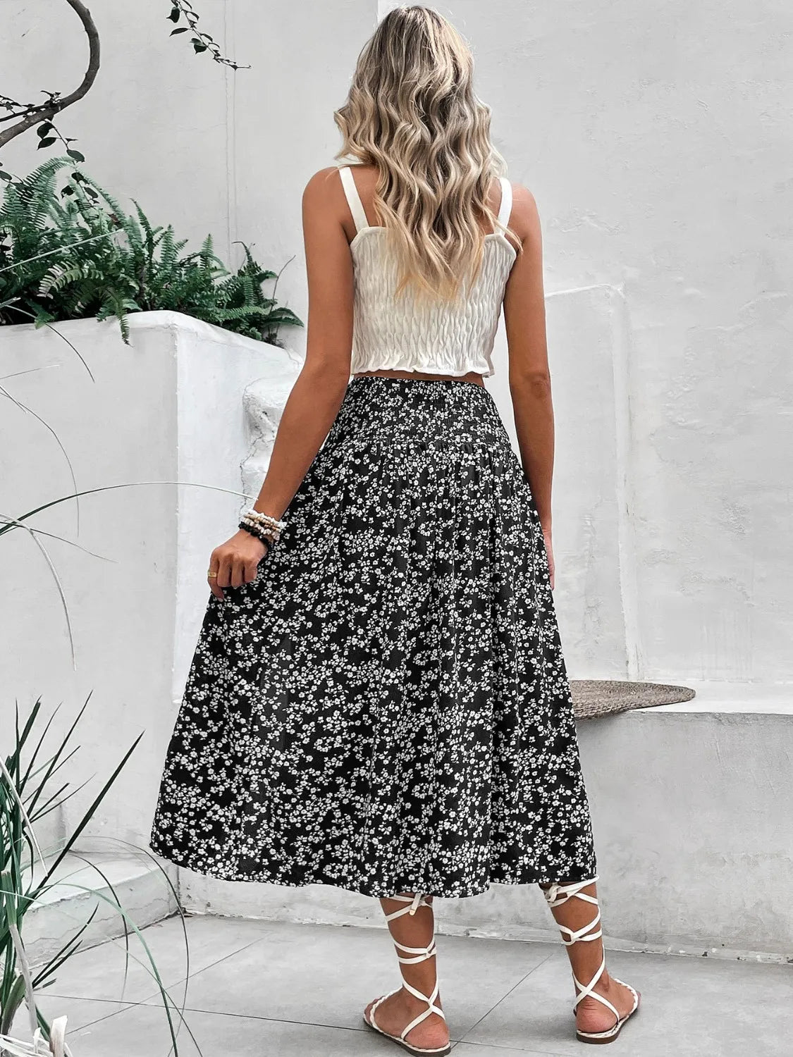 Slit Smocked Printed Skirt - cas7m