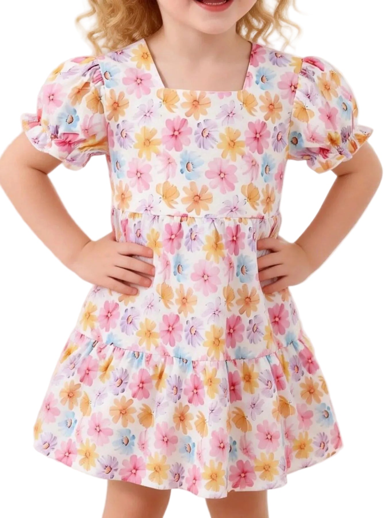 Children's Floral Print Puff Sleeve Ruffle Hem Dress - cas7m