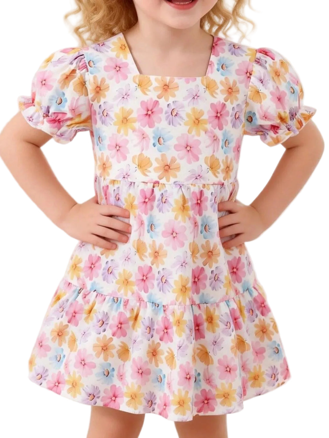 Children's Floral Print Puff Sleeve Ruffle Hem Dress - cas7m
