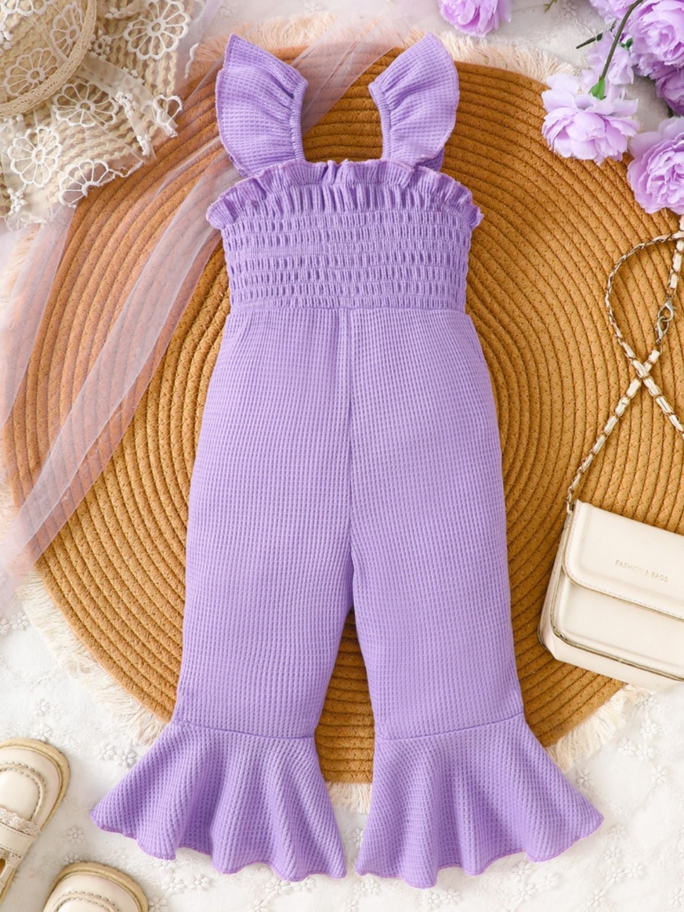 Children's Floral Decor Smocked Ruffle Hem Jumpsuit - cas7m