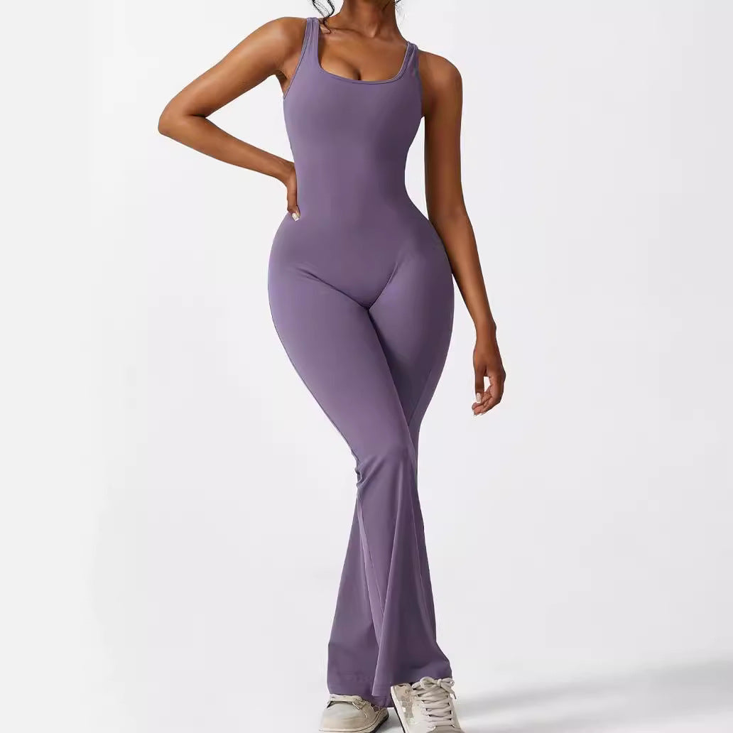 Women Sleeveless Flare Jumpsuits Fitness Yoga Long Pants - cas7m