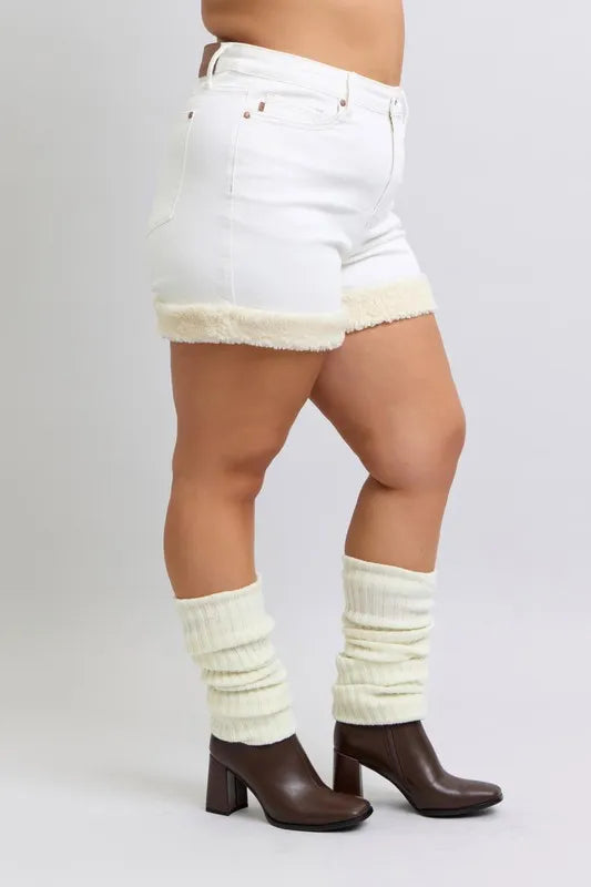 Judy Blue Full Size High Waist Shearling Cuff Denim Shorts Plus Size - cas7m