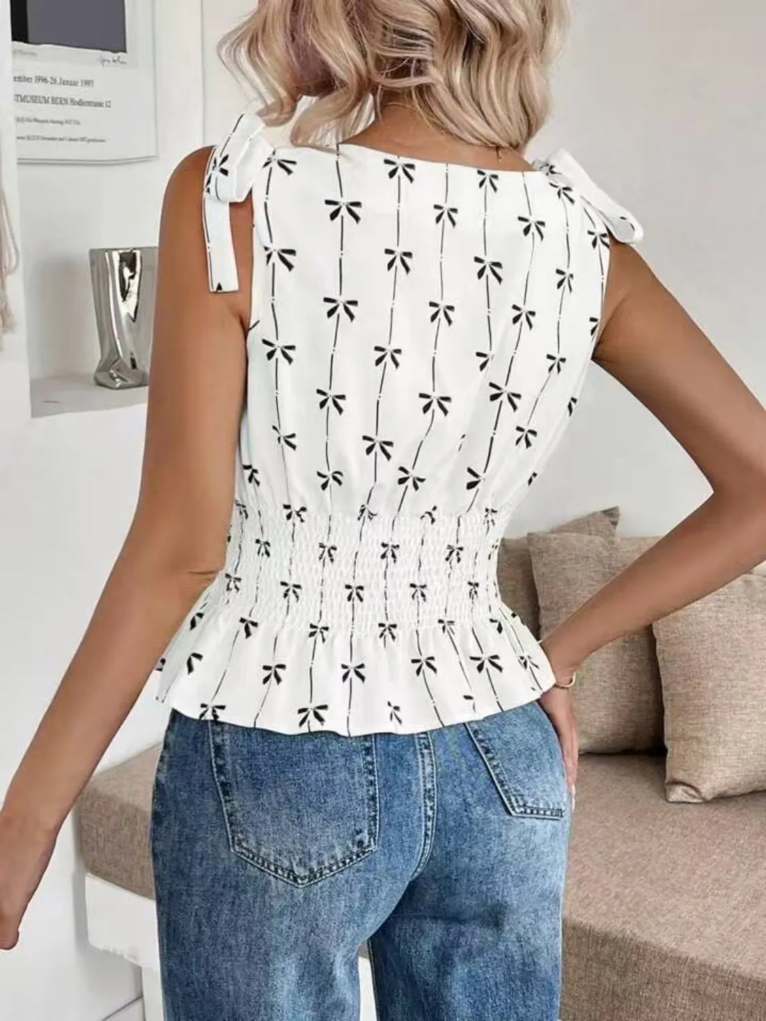 Bow Print Tie Shoulder Tank - cas7m