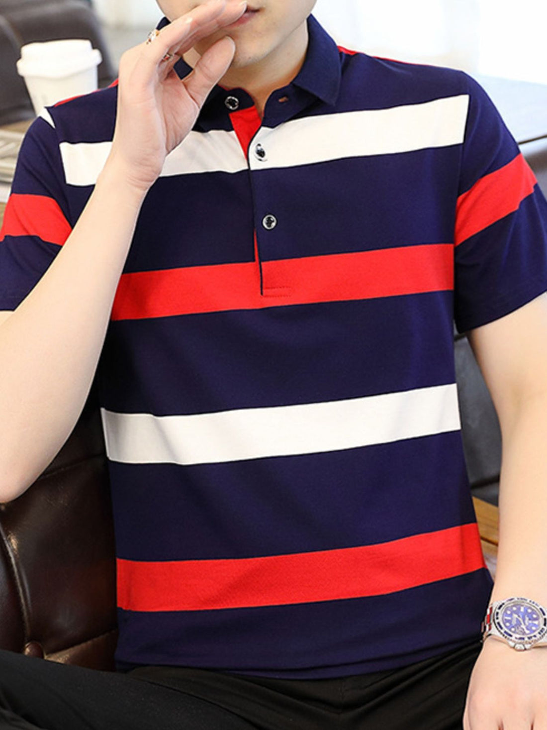 Men's Plus Size Striped Slim Fit Polo Shirt - cas7m