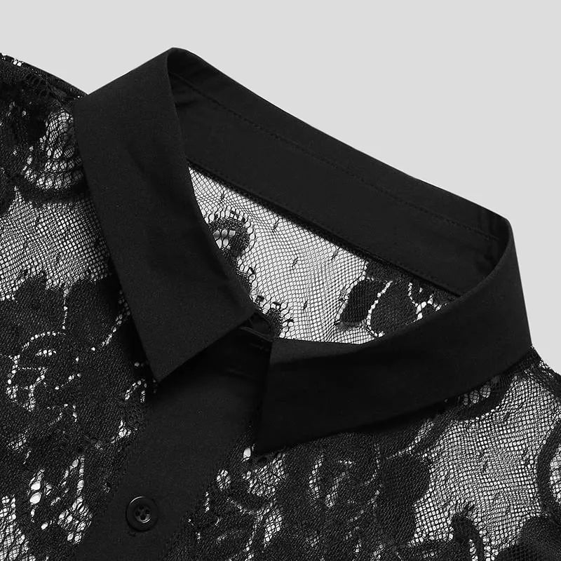 Men's Lace Button Down Long Sleeve Shirt - cas7m