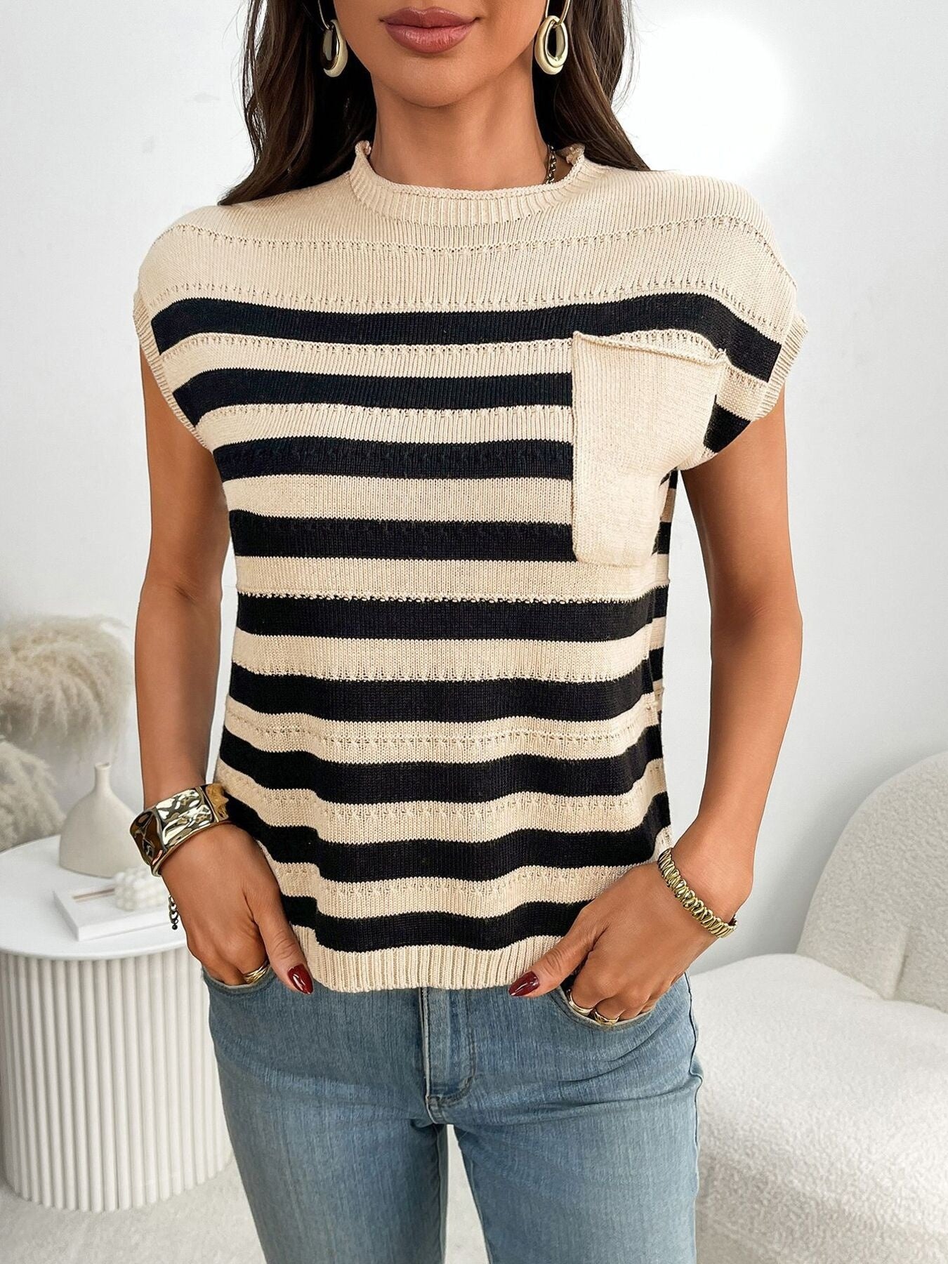 Striped Knit Pocket Detail Cap Sleeve Sweater - cas7m
