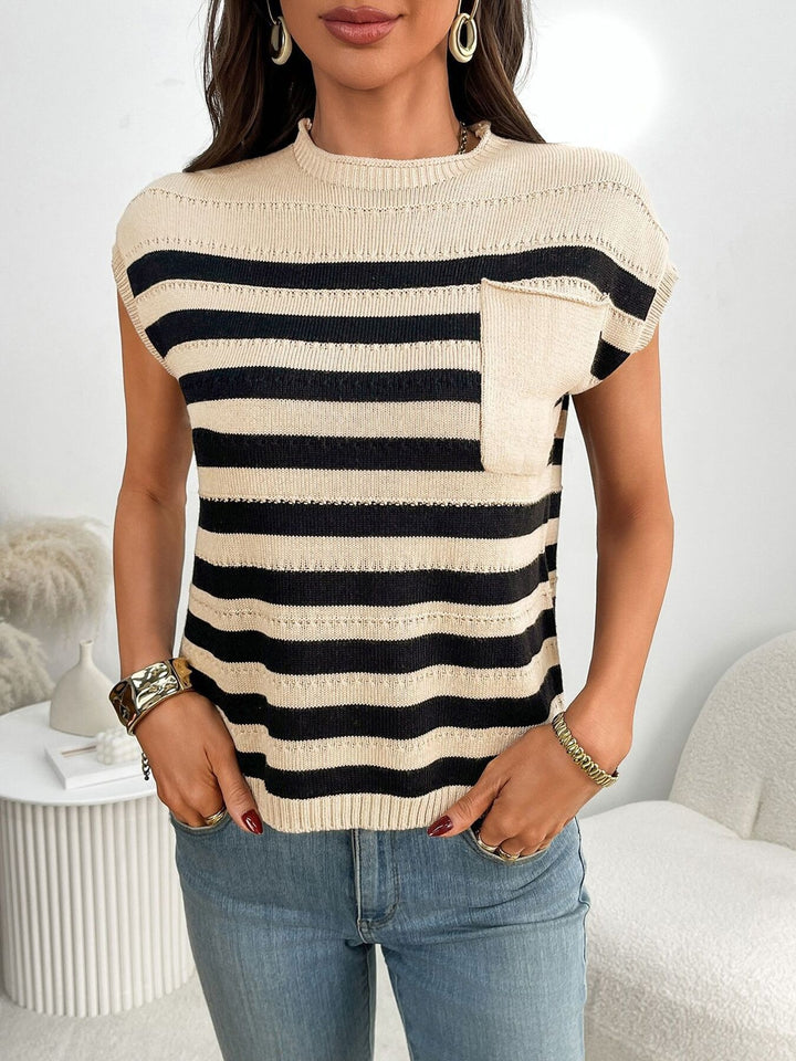 Striped Knit Pocket Detail Cap Sleeve Sweater - cas7m