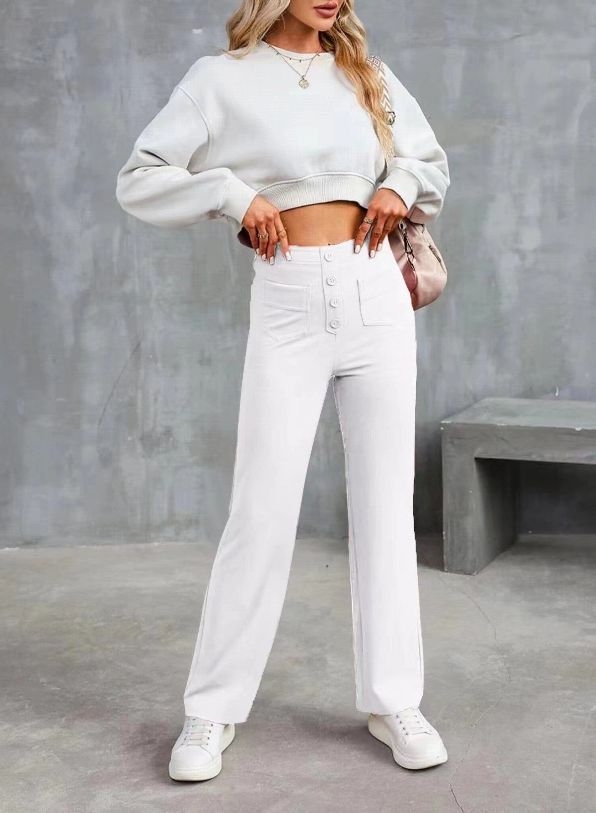 High Waist Trousers With Pockets Casual Loose Wide Leg Button Straight Pants Women's Clothing - cas7m