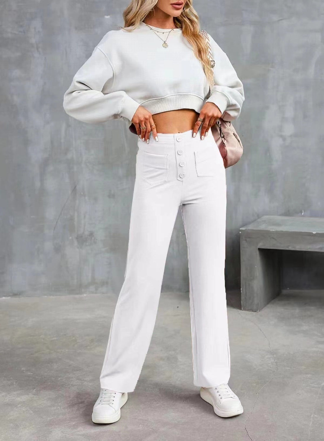 High Waist Trousers With Pockets Casual Loose Wide Leg Button Straight Pants Women's Clothing - cas7m