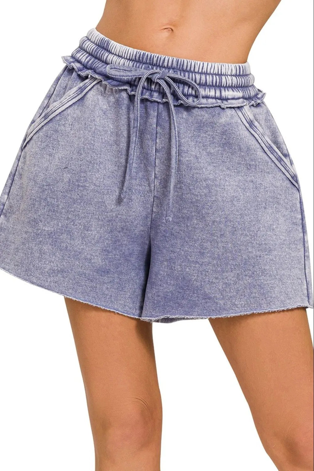 Zenana Acid Wash Fleece Drawstring Shorts With Pockets - cas7m