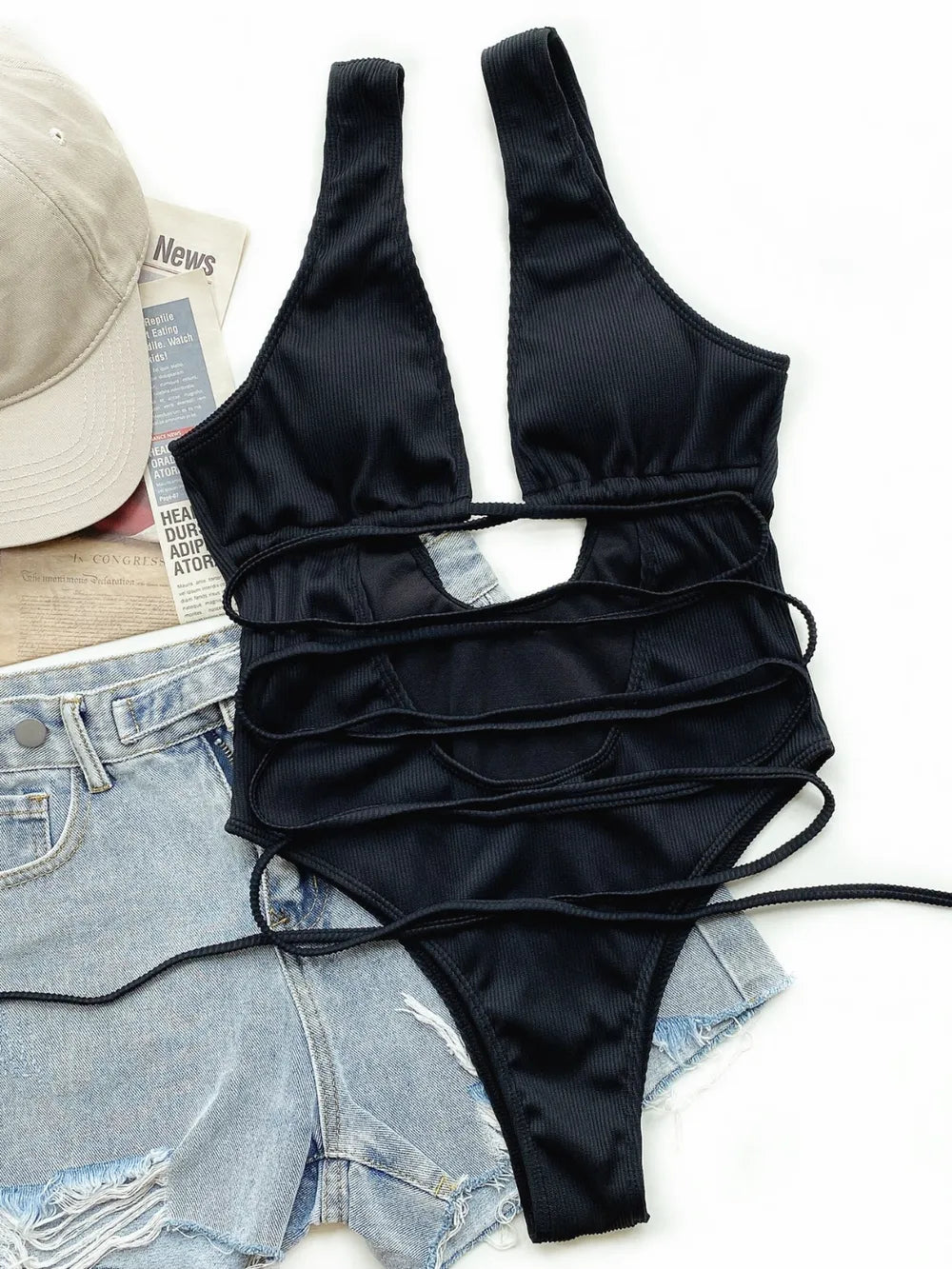 Ribbed Lace Up One-Piece Swimsuit - cas7m
