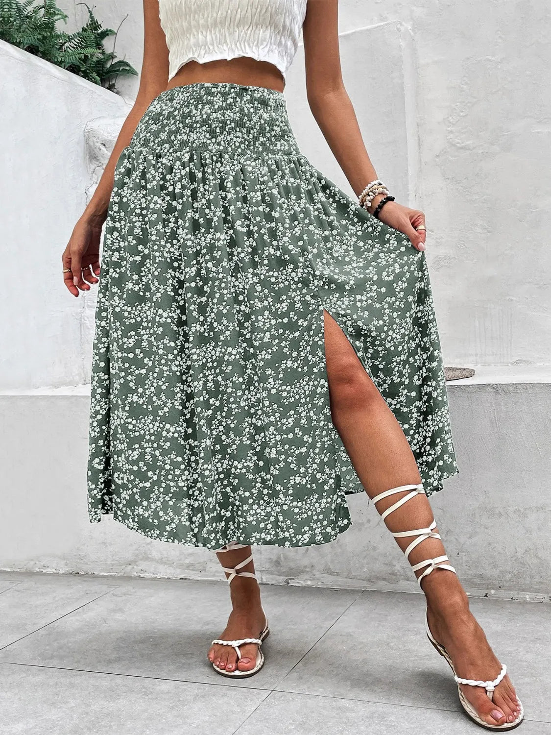 Slit Smocked Printed Skirt - cas7m