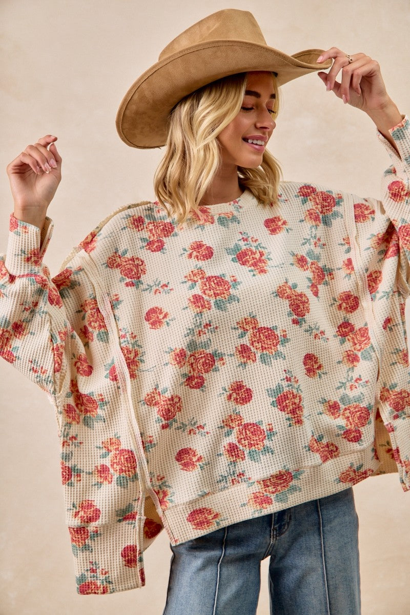 BiBi Floral Print Oversized Waffle Thermal Sweatshirt - cas7m