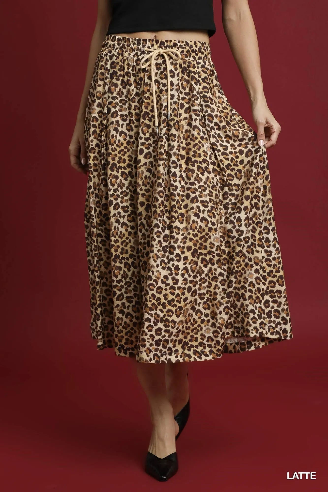 Umgee Drawstring Leopard Midi Skirt - cas7m