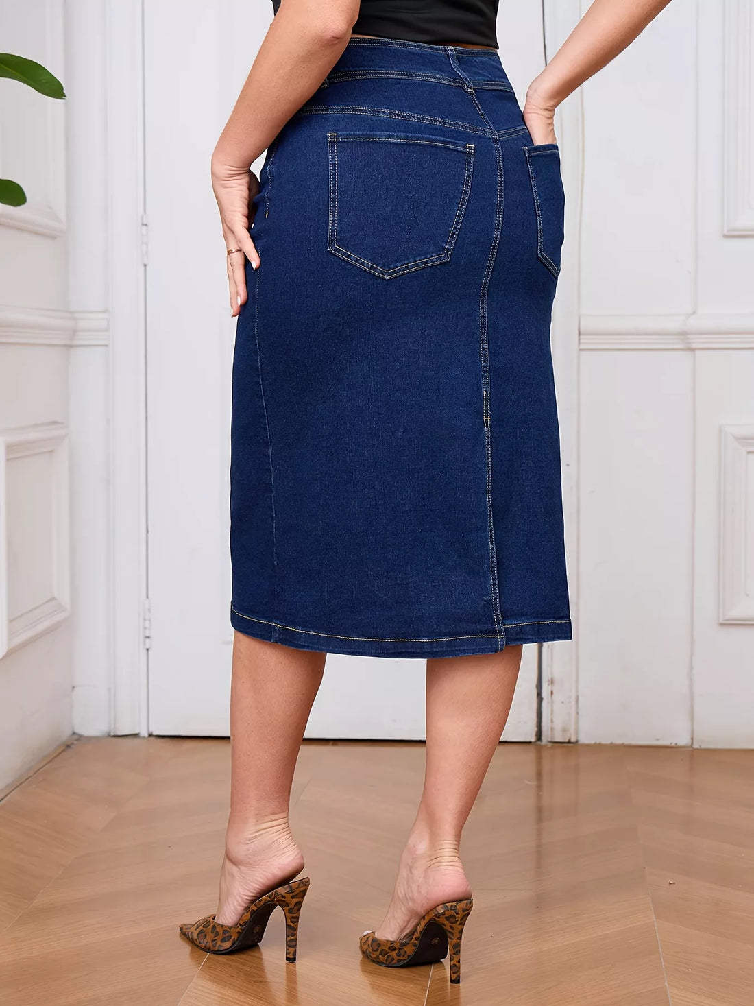 Plus Size Button-Front High Waist Denim Skirt - cas7m