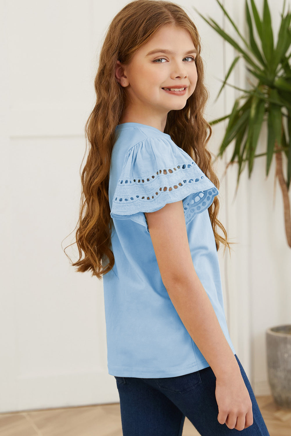 Round Neck Flutter Sleeve T-Shirt - cas7m