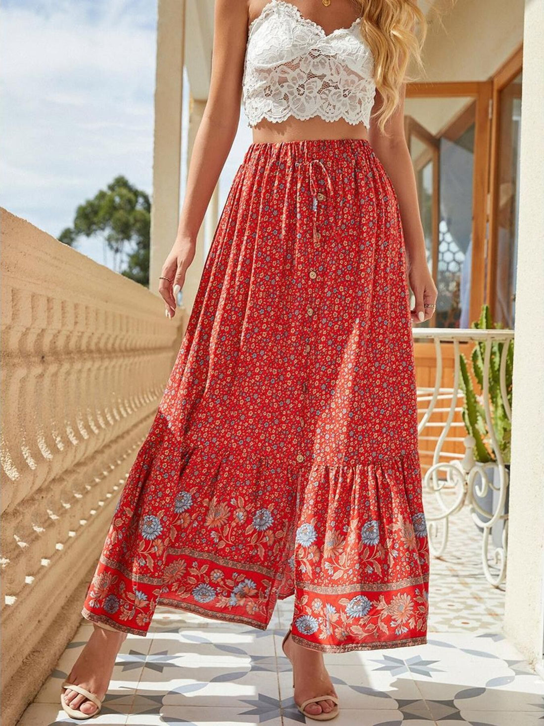 Floral Print Slit Skirt - cas7m