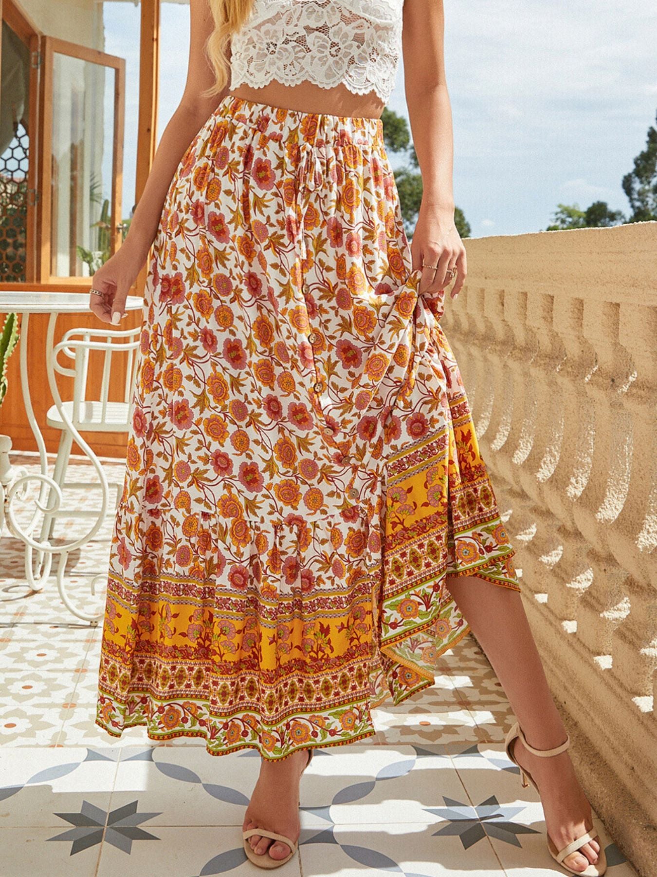 Floral Print Slit Skirt - cas7m