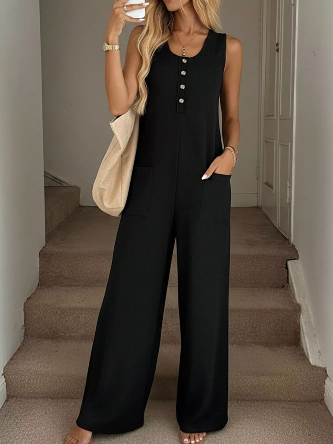 Sleeveless Button-Front Wide Leg Jumpsuit - cas7m