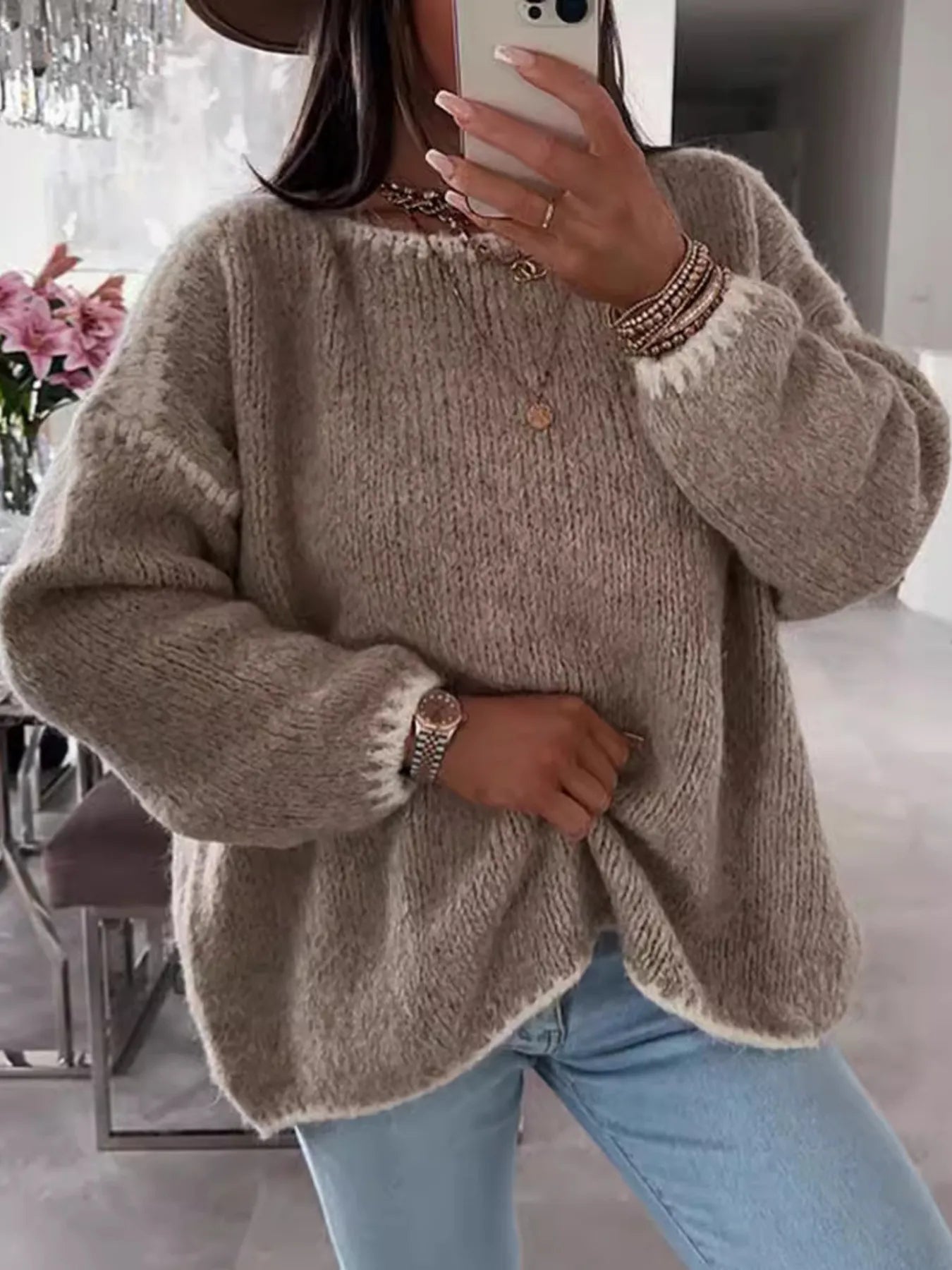 Contrast Trim Oversized Sweater - cas7m
