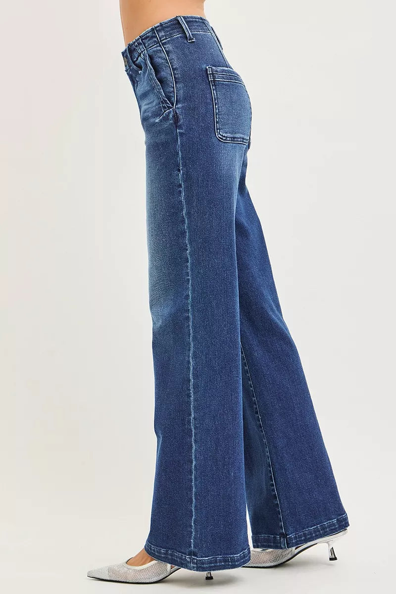 RISEN High Rise Wide Leg Slanted Pocket Jeans - cas7m