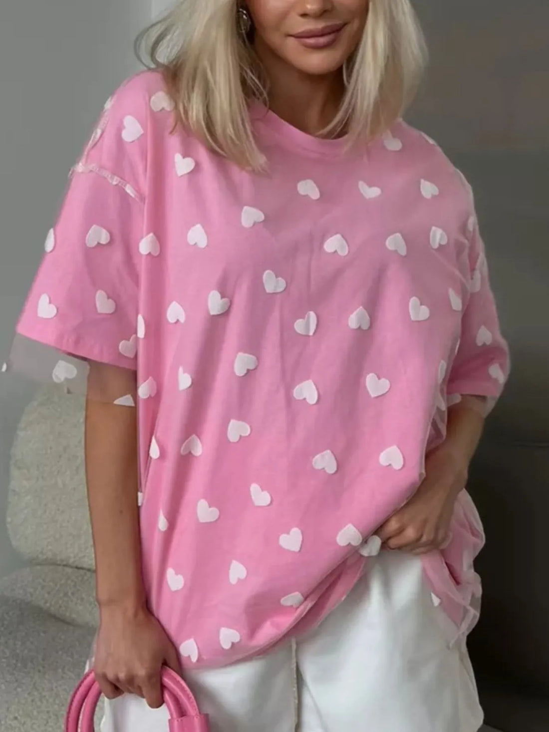 Heart Print Oversized T-Shirt - cas7m