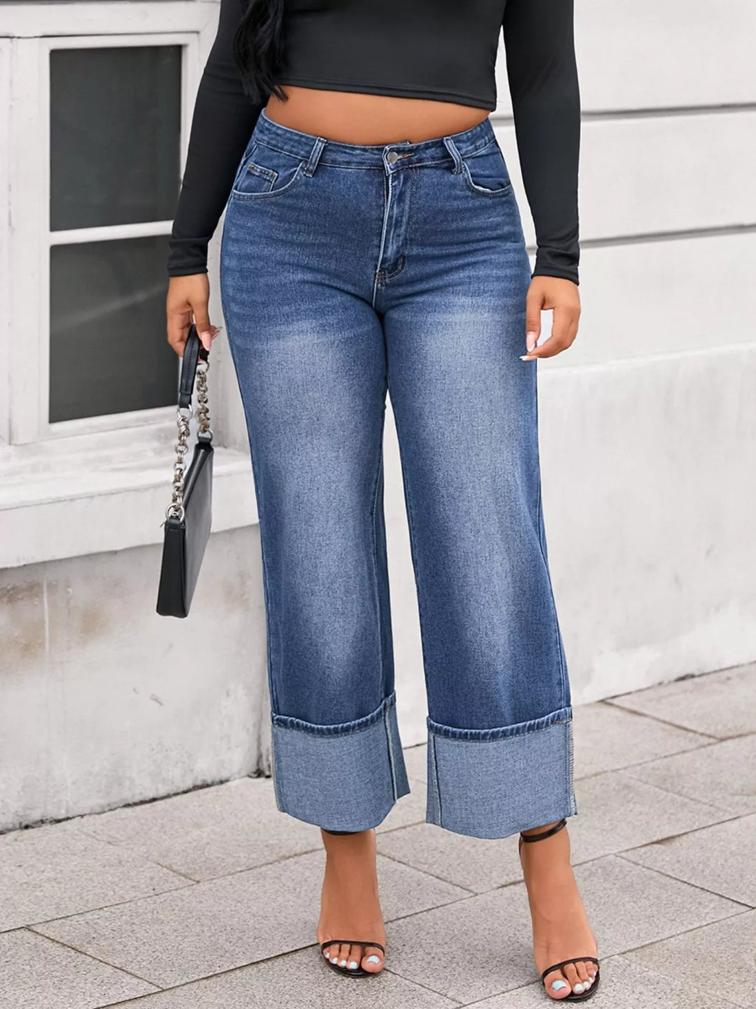 Plus Size High Waist Cuffed Wide Leg Jeans - cas7m