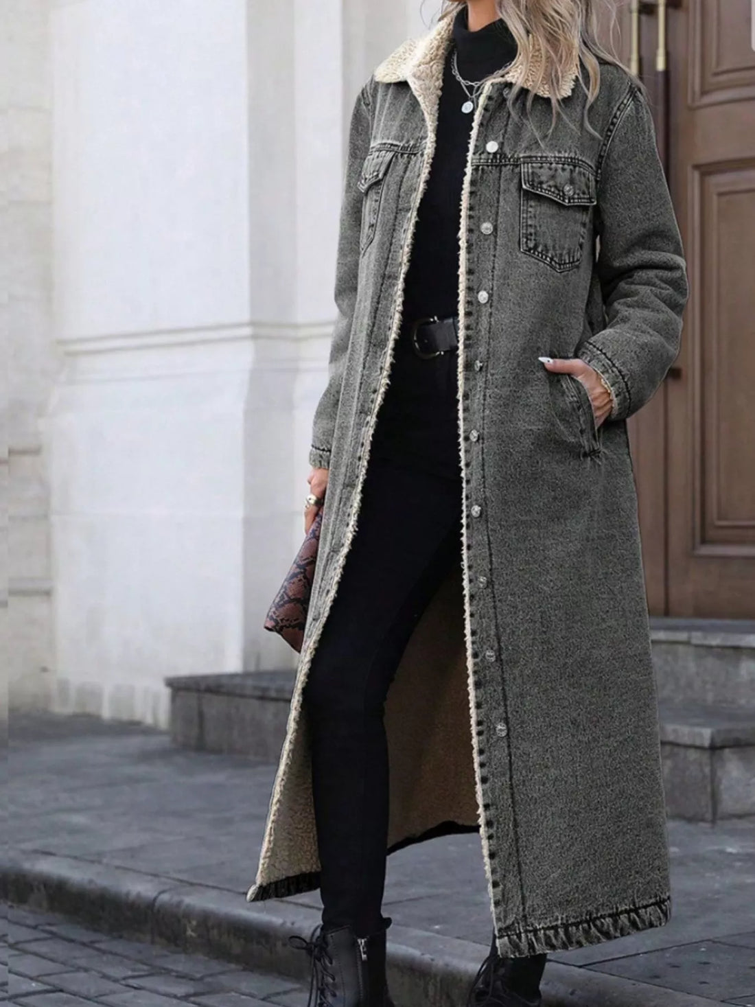 Sherpa Lined Longline Denim Jacket - cas7m