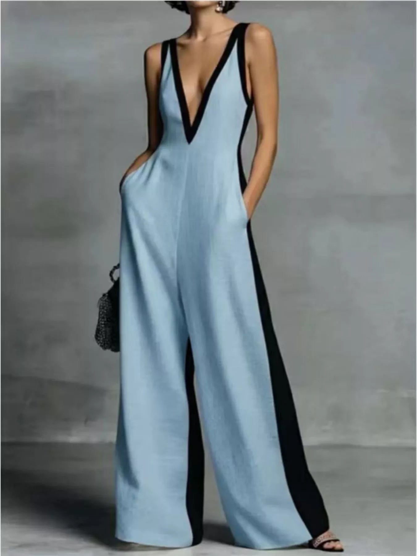 Contrast Trim V-Neck Jumpsuit - cas7m