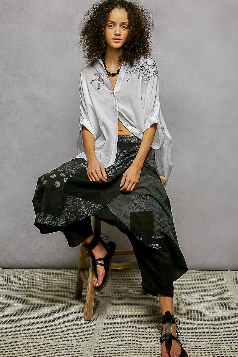 POL Button Down Embroidered Floral High-Low Hem Shirt - cas7m