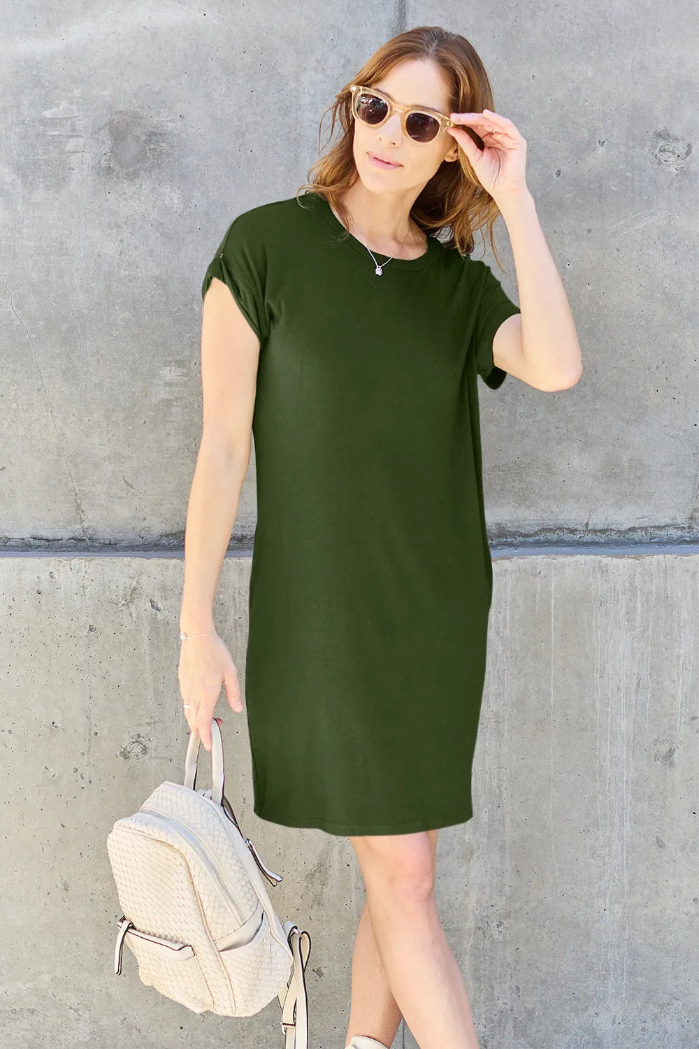 Basic Bae Full Size Round Neck Short Sleeve Dress with Pockets - cas7m