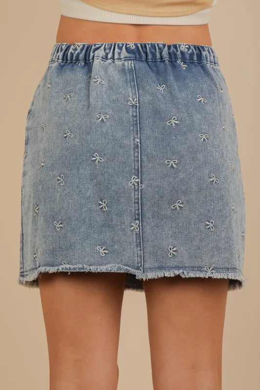 VERY J Bow Printed Casual Denim Mini Skirt - cas7m