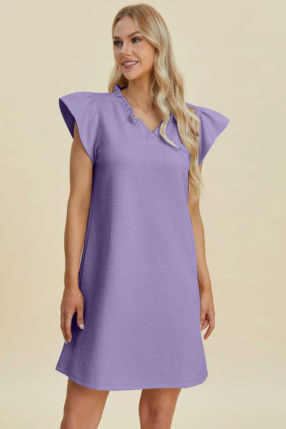 Double Take Full Size Ruffled V-Neck Cap Sleeve Dress - cas7m