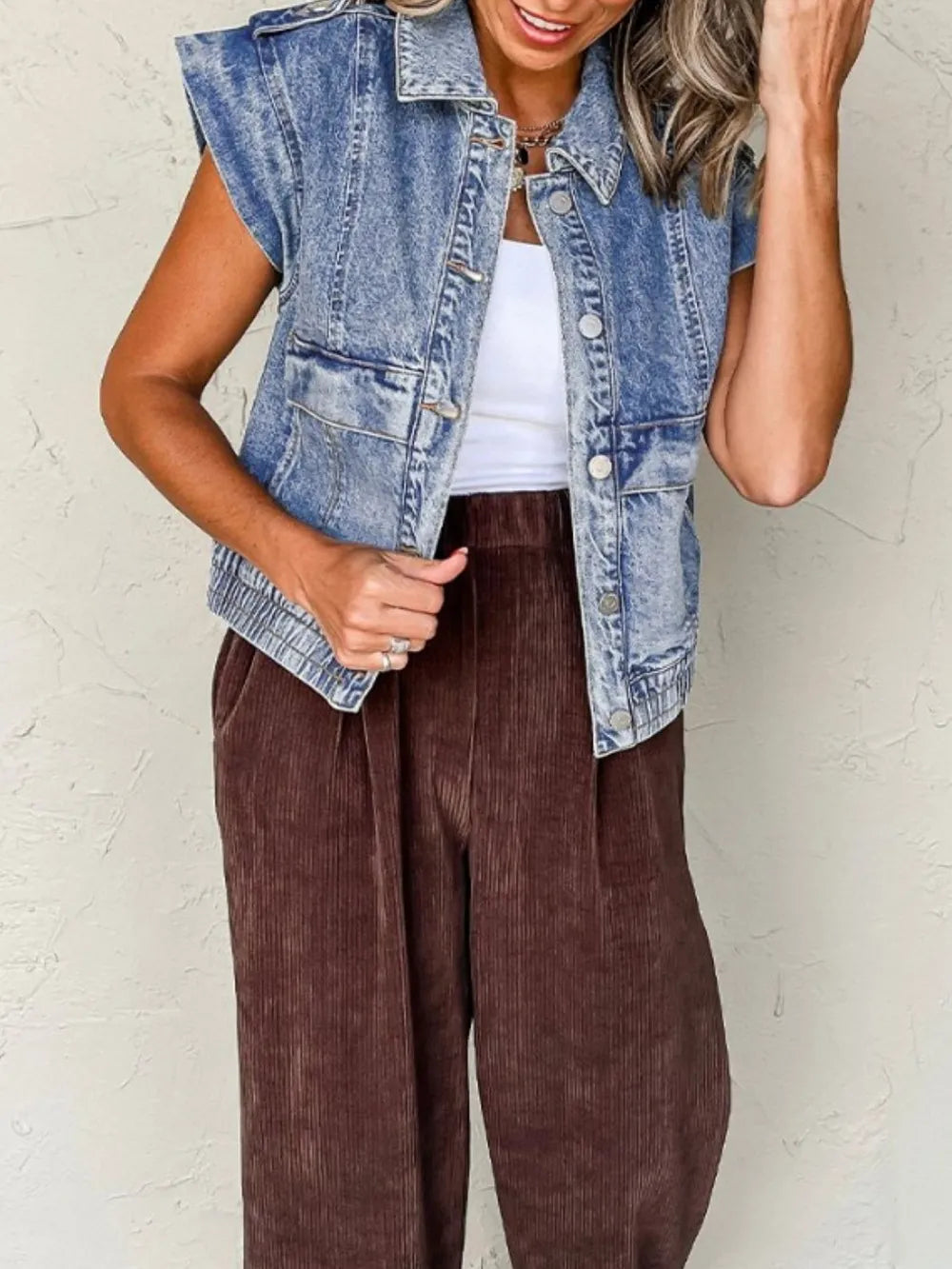 Button Up Cap Sleeve Denim Jacket - cas7m