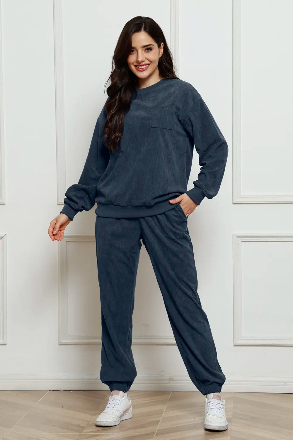 Corduroy Round Neck Sweatshirt and Sweatpants Set - cas7m