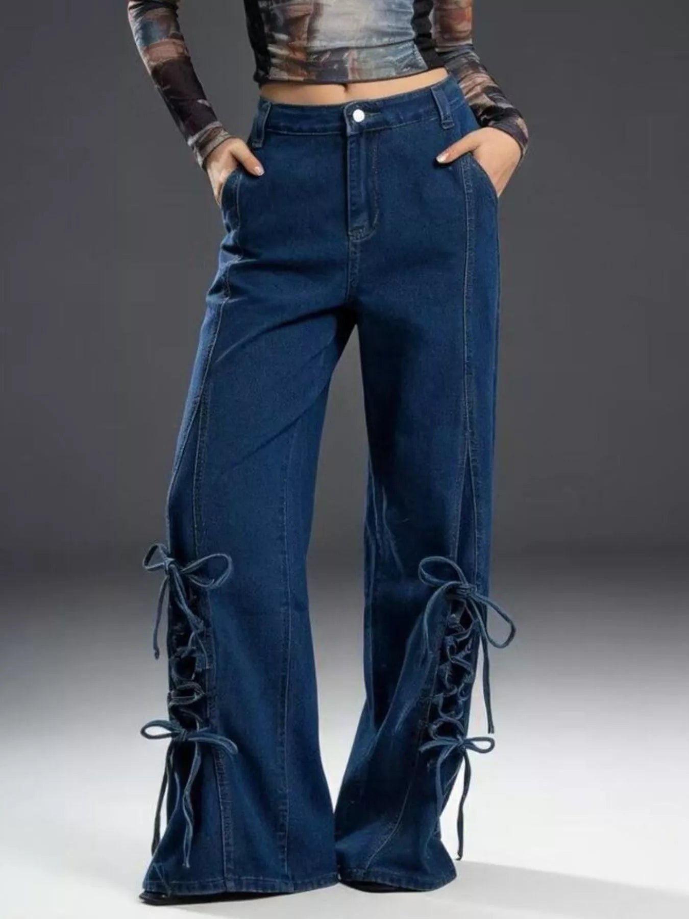 Lace-Up Wide Leg Jeans - cas7m