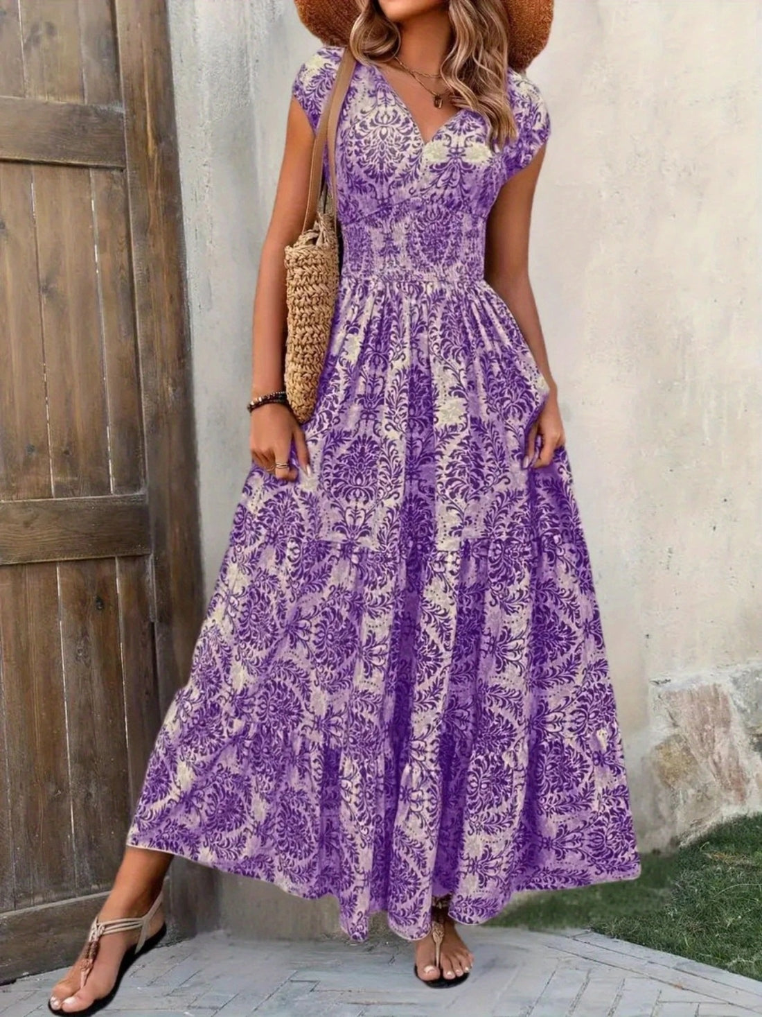 Smocked Tiered Maxi Dress - Chic Polyester Statement - cas7m